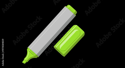 A vector graphic illustration of a gray highlighter with a green cap and tip on a black background