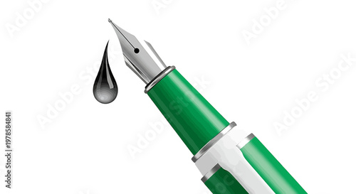 A green fountain pen with a silver nib and a single drop of ink on a white background