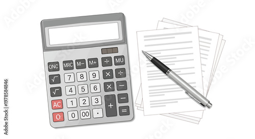 A vector graphic illustration of a calculator, pen, and papers for finance and accounting purposes.