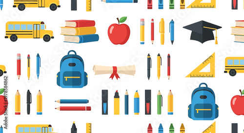 A colorful vector illustration of various school supplies and icons on a white background