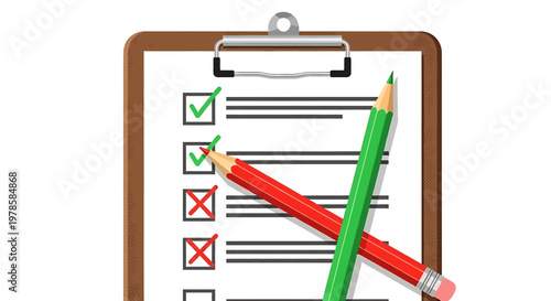 A vector graphic of a clipboard with a checklist and two colored pencils on a white background