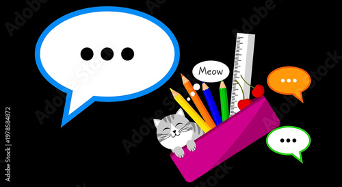 A colorful illustration of a cat in a pencil case with speech bubbles and stationery