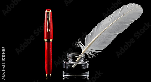 A red pen and a feather quill in an inkwell on a black background, symbolizing writing and creativity