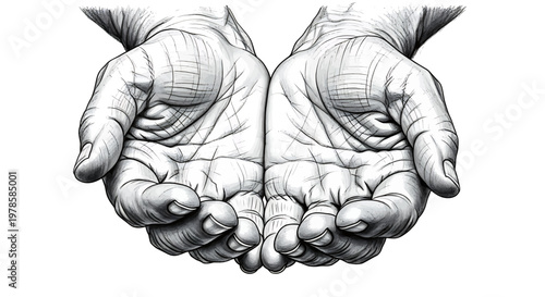Open cupped hands, palms up, reaching out in a gesture of offering or receiving, monochrome sketch vector illustration