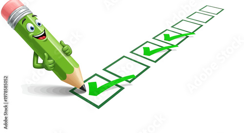 Happy cartoon green pencil character checking off list items with green checkmarks, flat design vector illustration