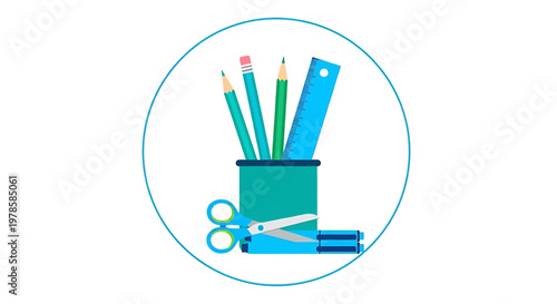 Desk organizer with pencils, ruler, scissors, and pens, flat design vector illustration