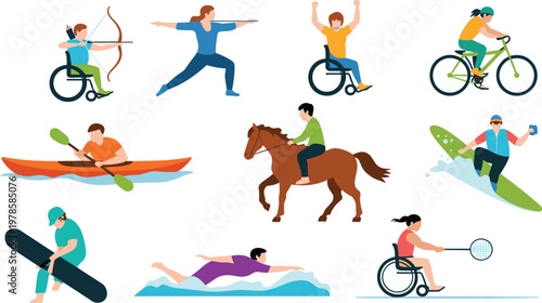 Diverse Inclusive Sports People Characters Set Featuring Para Athletes in Wheelchairs Swimming Cycling Kayaking Archery Surfing and Outdoor Activities Flat Vector Illustration