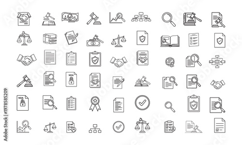 Law and justice line icon set featuring court gavel scales legal documents lawyer handshake and authority symbol signs.