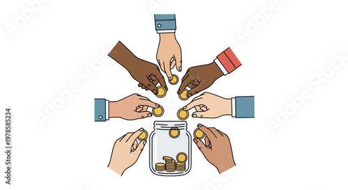 Diverse hands putting coins into jar.