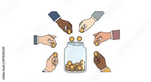 Diverse hands putting coins into jar.