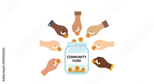 Diverse hands putting coins into jar.