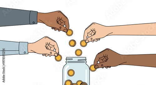 Diverse hands putting coins into jar.
