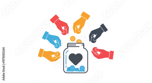 Diverse hands putting money into jar.