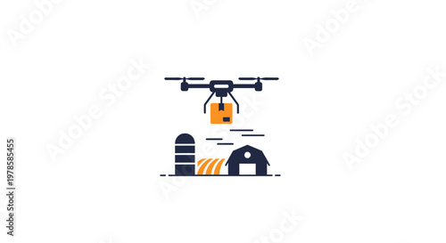 Drone Carrying Package Over Farm Buildings.