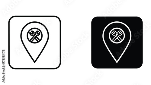 Contrasting icons of repair service location markers on white and black backgrounds