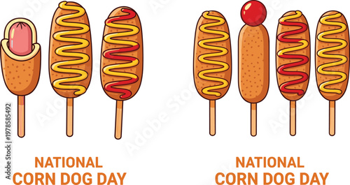 National Corn Dog Day Celebration with Delicious Corn Dogs Topped with Mustard, Ketchup, and a Cherry in Vector Style