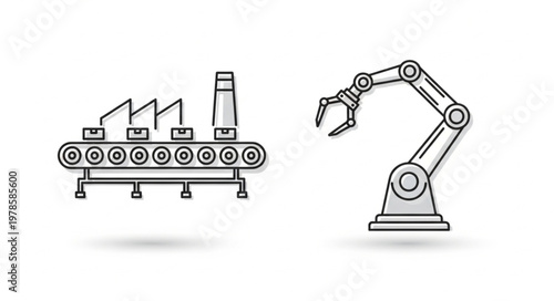 Industrial robot arm and conveyor belt illustration.