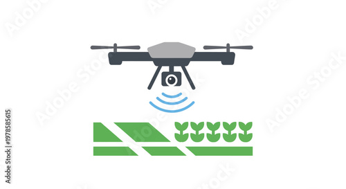 Drone flying over green crops field.