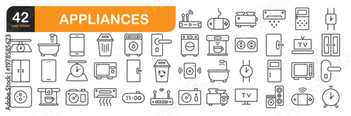 Set of line icons related to Appliances. Outline icons collection. Editable stroke. Vector illustration