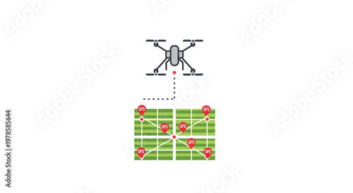 Drone flying over green farm land.