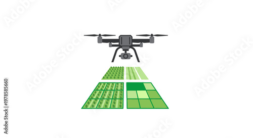 Drone flying over green grid field.