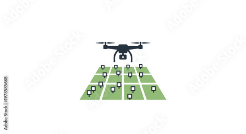 Drone flying over green grid.