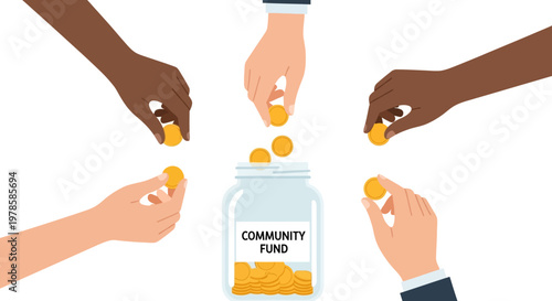 Diverse hands putting coins into fund.