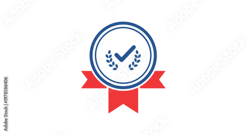 Blue Checkmark Icon on Red Ribbon.