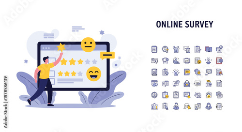 User giving a high quality five star rating on an online survey website via a large interactive computer monitor.