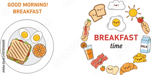 Breakfast Time Vector Illustration with Eggs, Toast, Milk, and Bacon – Fun and Colorful Food Elements for Morning Meals
