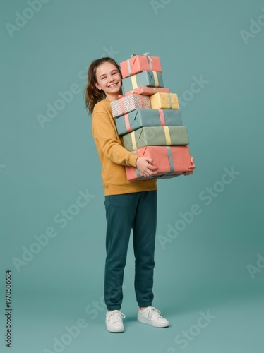 Smiling girl holding a tall stack of presents