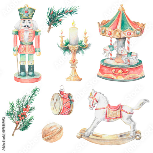 Watercolor Christmas Toys Set Nutcracker Carousel Horse Candle Vintage Holiday Illustrations