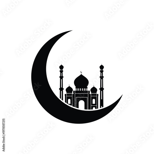 Mosque silhouette icon. Flat minimalist black silhouette mosque design with a crescent moon.