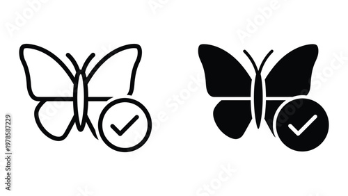 Comparison of a simple line drawing butterfly and a bold filled butterfly icon with checkmarks.
