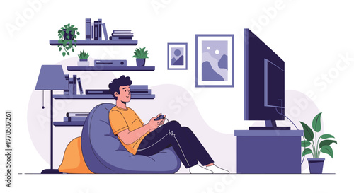 Young man relaxing at home while sitting on a bean bag chair and playing exciting video games on a large TV screen.