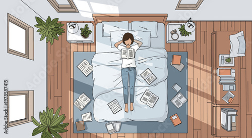 Overhead view of a student resting on a bed covered with many open books during an intensive study session at home.