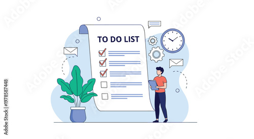 Productive man standing next to a giant to do list and a large clock to represent efficient time management skills.