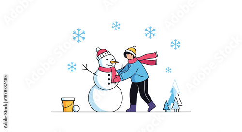 Happy person in winter clothes finishing a large snowman while enjoying a beautiful snowy day outdoors in nature.