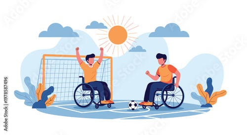 Two athletes in wheelchairs competing in a game of soccer on a bright sunny day to show inclusive sports events.