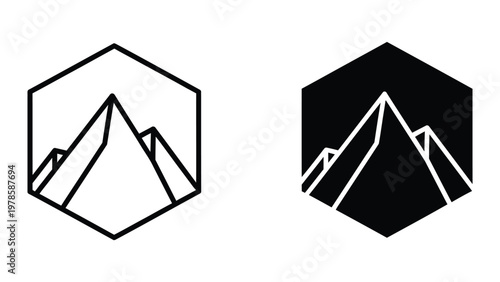 Contrast of mountain silhouettes against white and black backgrounds with hexagonal framing