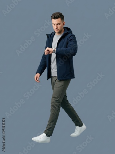 Full body shot of man walking in casual streetwear outfit.