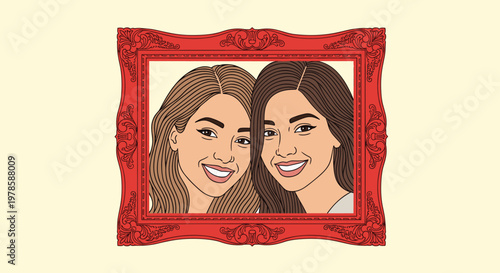 Close portrait of two young women with long hair smiling inside an ornate and decorative red picture frame.