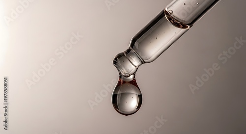 Clear liquid drips from a glass science pipette forming a perfect sphere of fluid showcasing cosmetic serum or laboratory testing in a controlled environment representing precise measurements