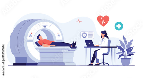 Medical professional monitoring a patient undergoing a diagnostic MRI scan in a modern healthcare facility room.