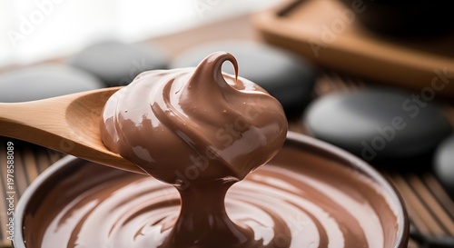 Delicious creamy chocolate sauce being scooped from a bowl with a wooden spoon showcasing its rich texture and indulgent flow perfect for culinary and dessert themes a delightful treat for food