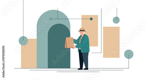 Modern Illustration of Senior Man Receiving Delivery with Abstract Geometric Shapes