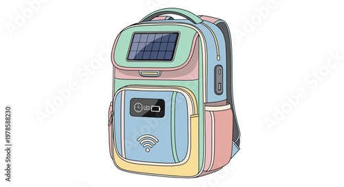 Colorful school backpack with solar panel.