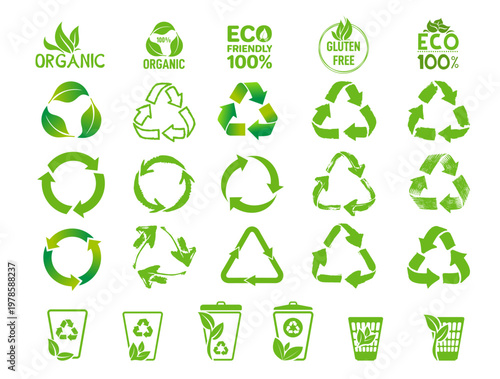 Trash can vector green icon set with bin, wastebasket and dustbin symbols. Recycling icons and recycle logo elements, clean vector signs for waste management, disposal themes, isolated design.