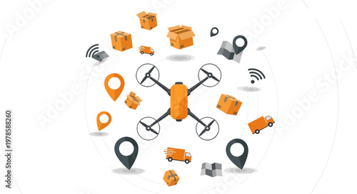Modern logistics featuring drone delivery, package tracking, and efficient transport networks for