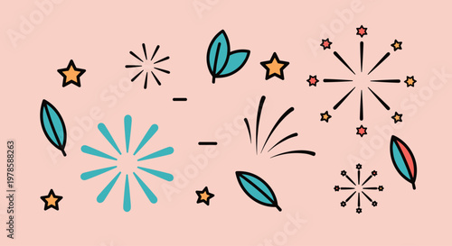 Colorful fireworks and star designs.